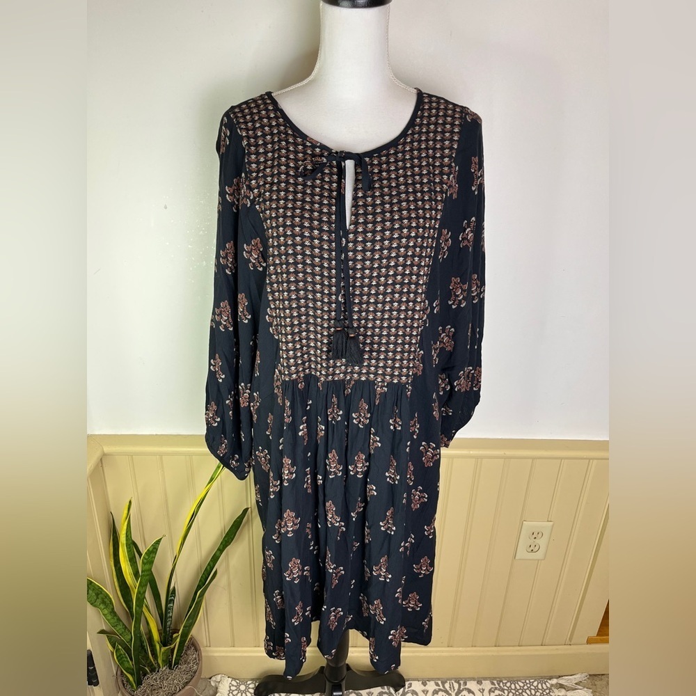 Knox Rose Boho Peasant Dress XL Black Floral Tassel Tie Pockets Midi Fall Photos